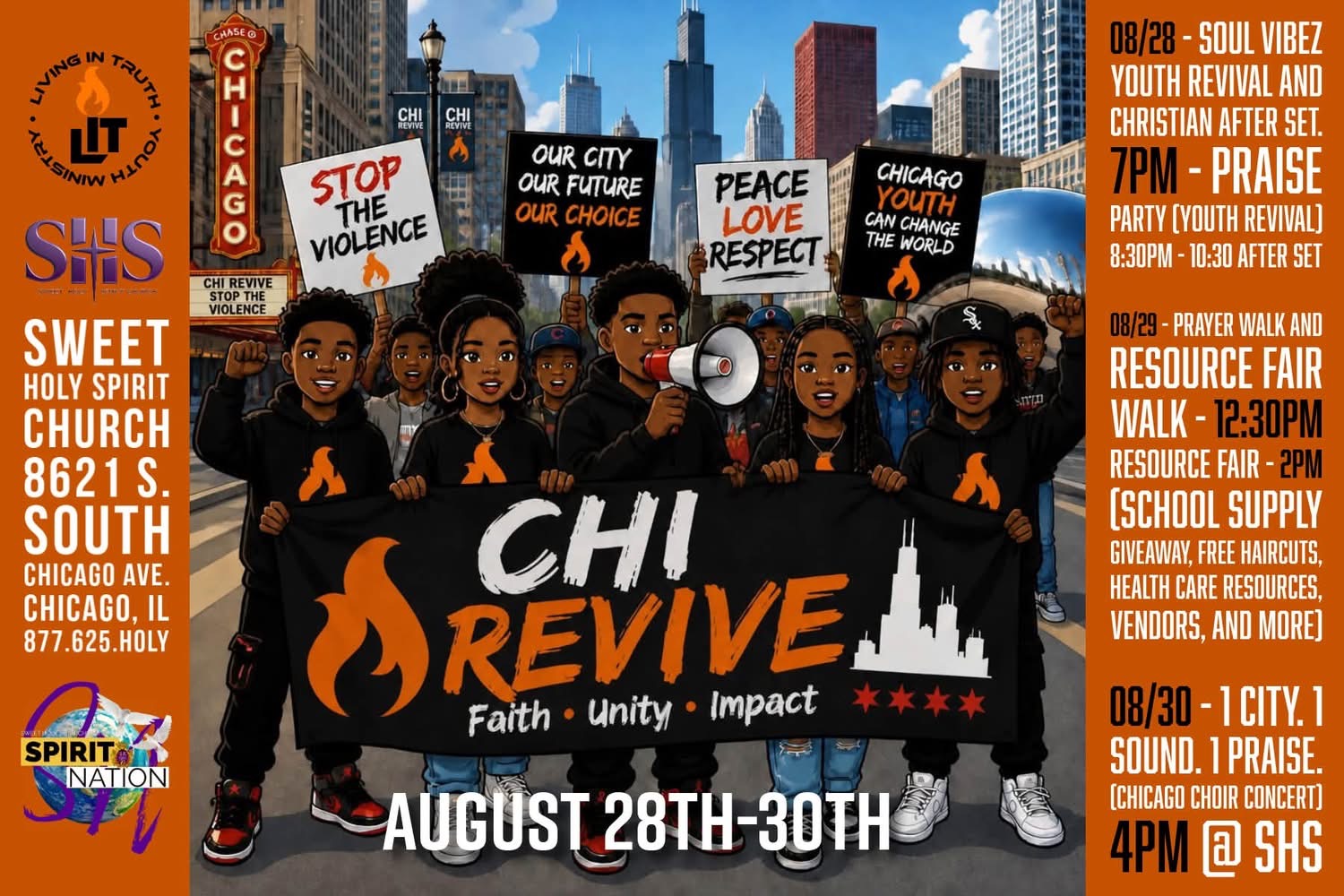 Chi Revive flyer: Faith, Unity, Impact — August 28-30 at Sweet Holy Spirit Church, 8621 S. South Chicago Ave., with youth revival, prayer walk, resource fair, and choir concert